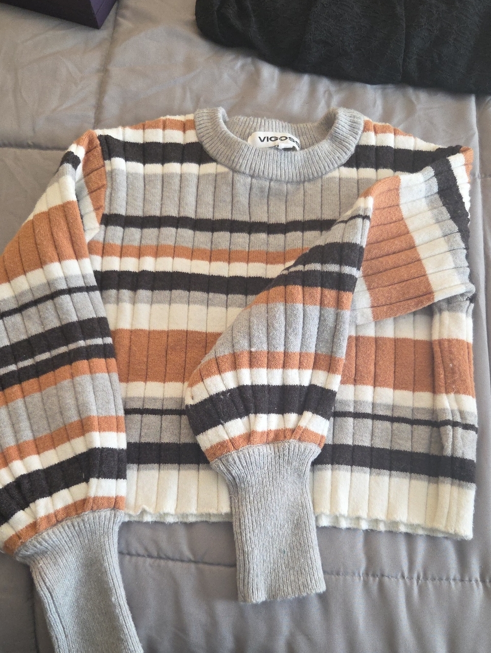 Vigoss Striped Ribbed Crewneck Sweater in Gray, Cream & Brown